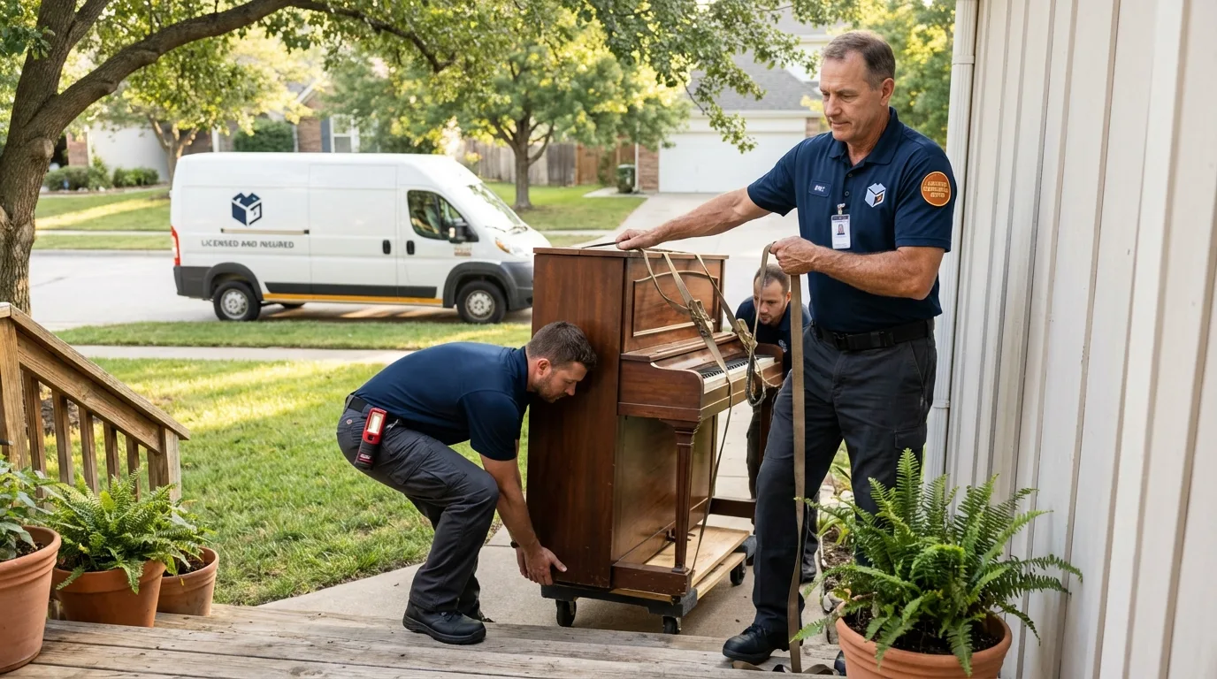 Licensed piano movers securing grand piano in Dillsboro, IN