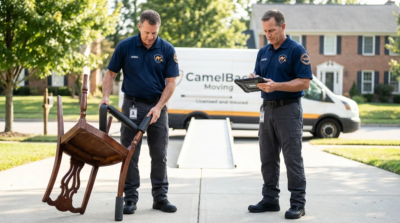 Movers inspecting furniture for damage prevention before loading in Dillsboro, IN
