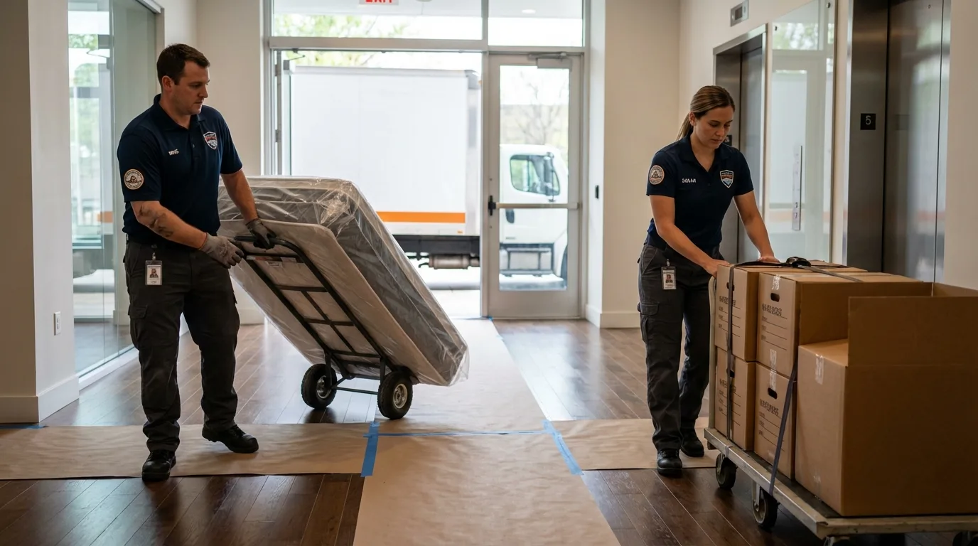 Professional apartment movers loading elevator in Dillsboro, IN