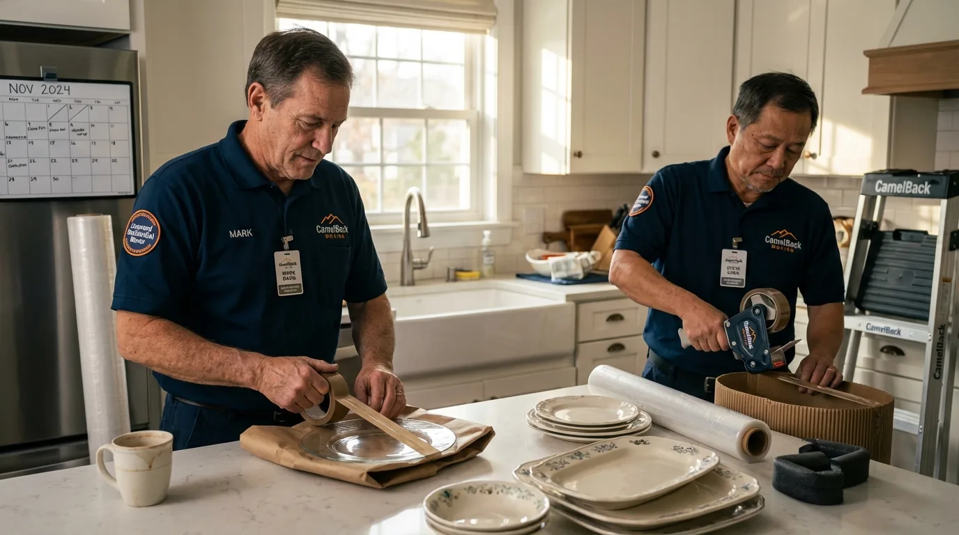 Professional crew packing kitchen dishware in Dillsboro, IN